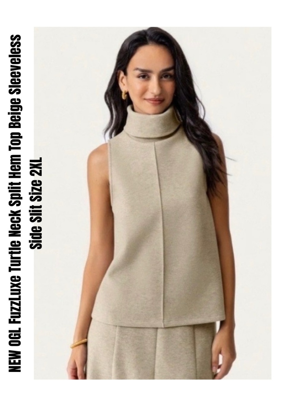 NEW OGL FuzzLuxe Turtle Neck Split Hem Top Beige Sleeveless Side Slit Size 2XL